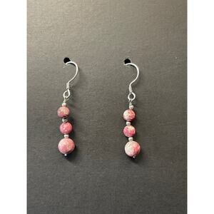 Thulite Three Round Bead Dangle Wire Earrings